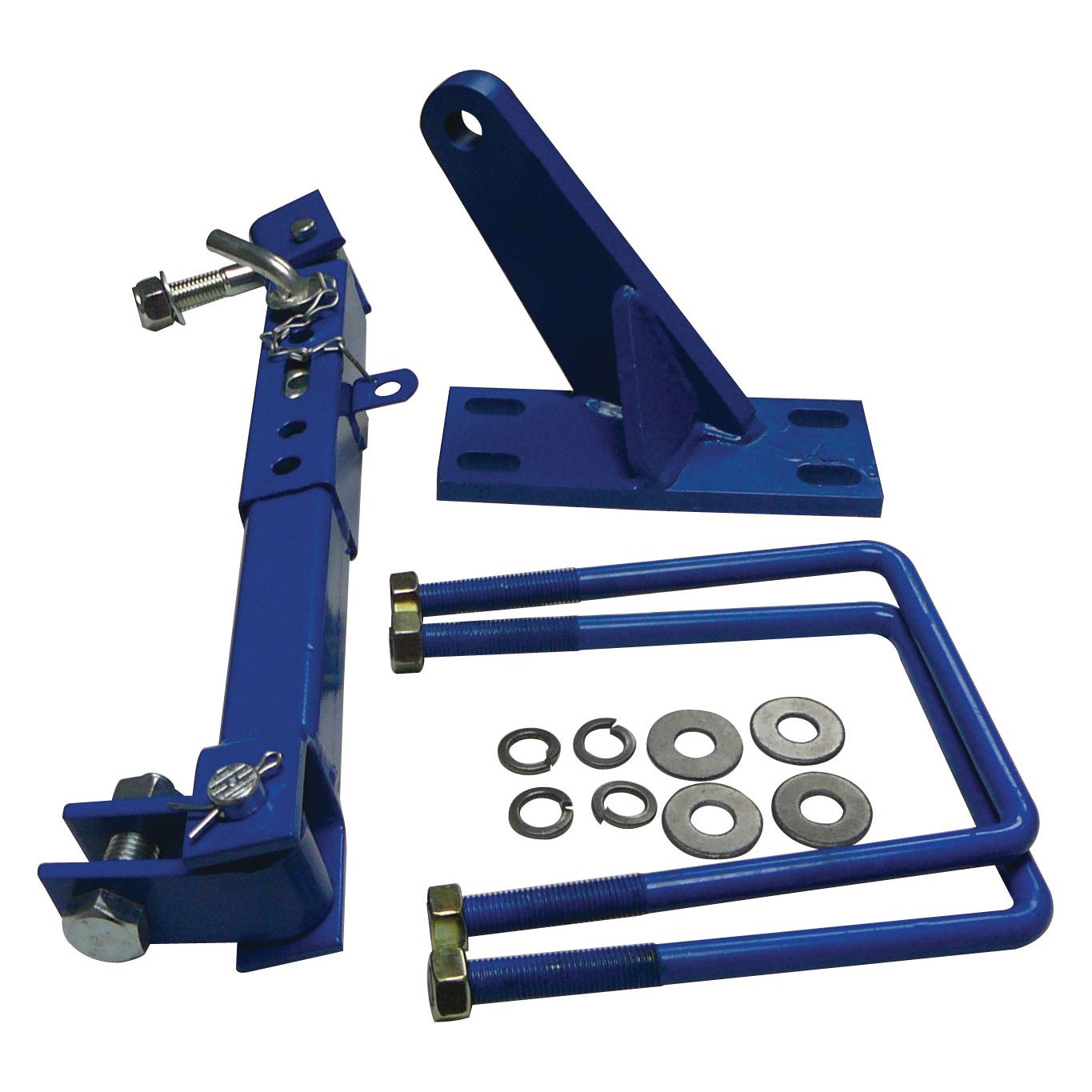 Square Box Check Chain Assembly - RH - S.66667, with its blue finish, includes brackets, bolts, washers, and U-bolts arranged on a white background. This top-quality Sparex product is ideal as a fitting right-hand component, ensuring optimum performance.