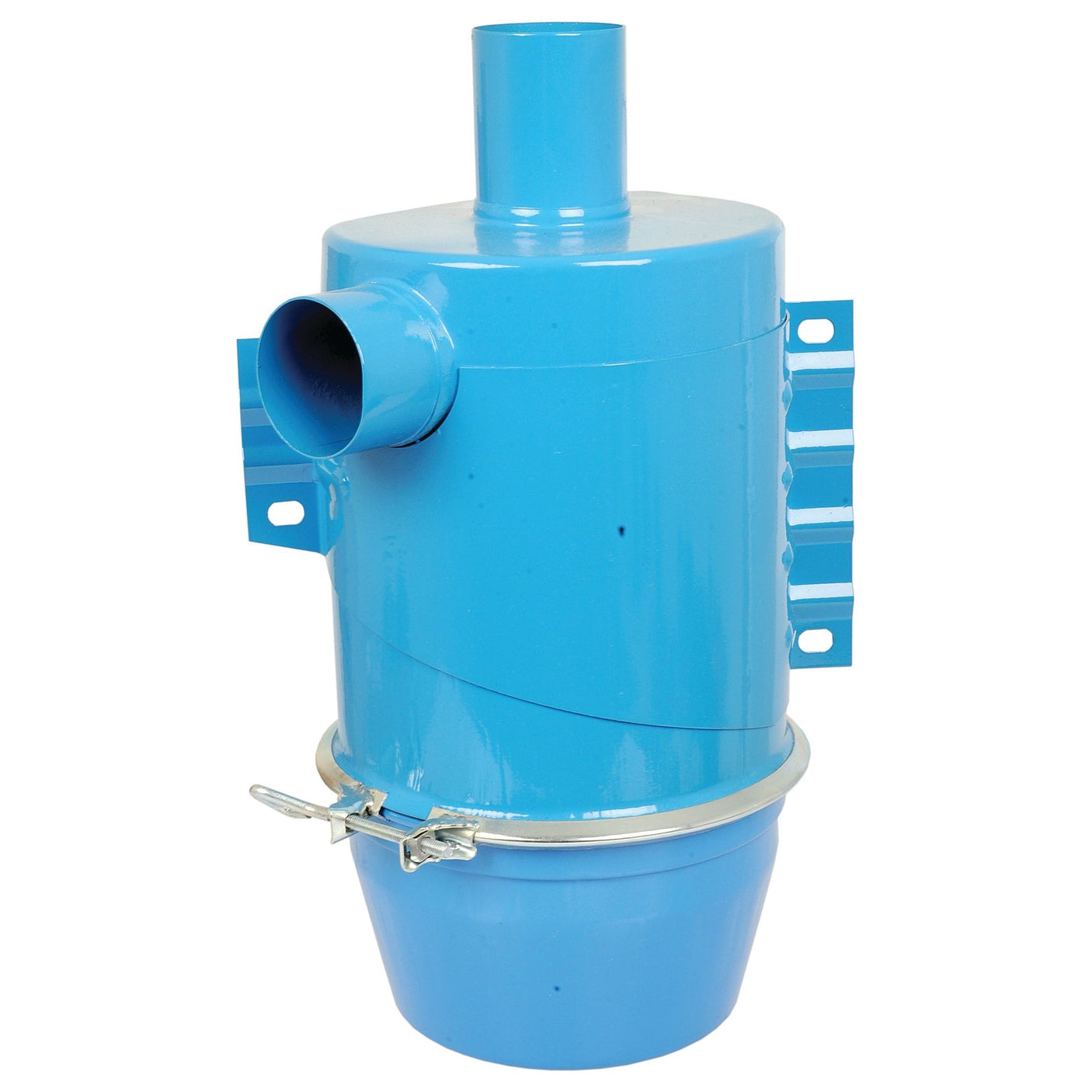 The Sparex Oil Bath Air Cleaner (Part No. S.66709) is a blue cylindrical filter housing with a top inlet and side outlet, featuring mounting brackets and a clamp securing the lower section. Ideal for Ford New Holland tractors, this Sparex product ensures efficient performance.