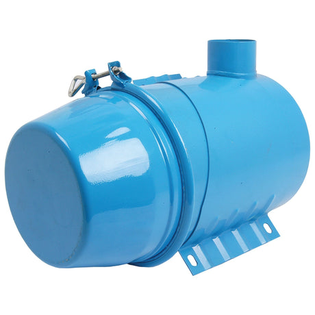 A Sparex Oil Bath Air Cleaner (Sparex Part No. S.66709) blue metal cylindrical tank, featuring a pipe attachment, clasp closure on one end, and a mounting bracket on the bottom.