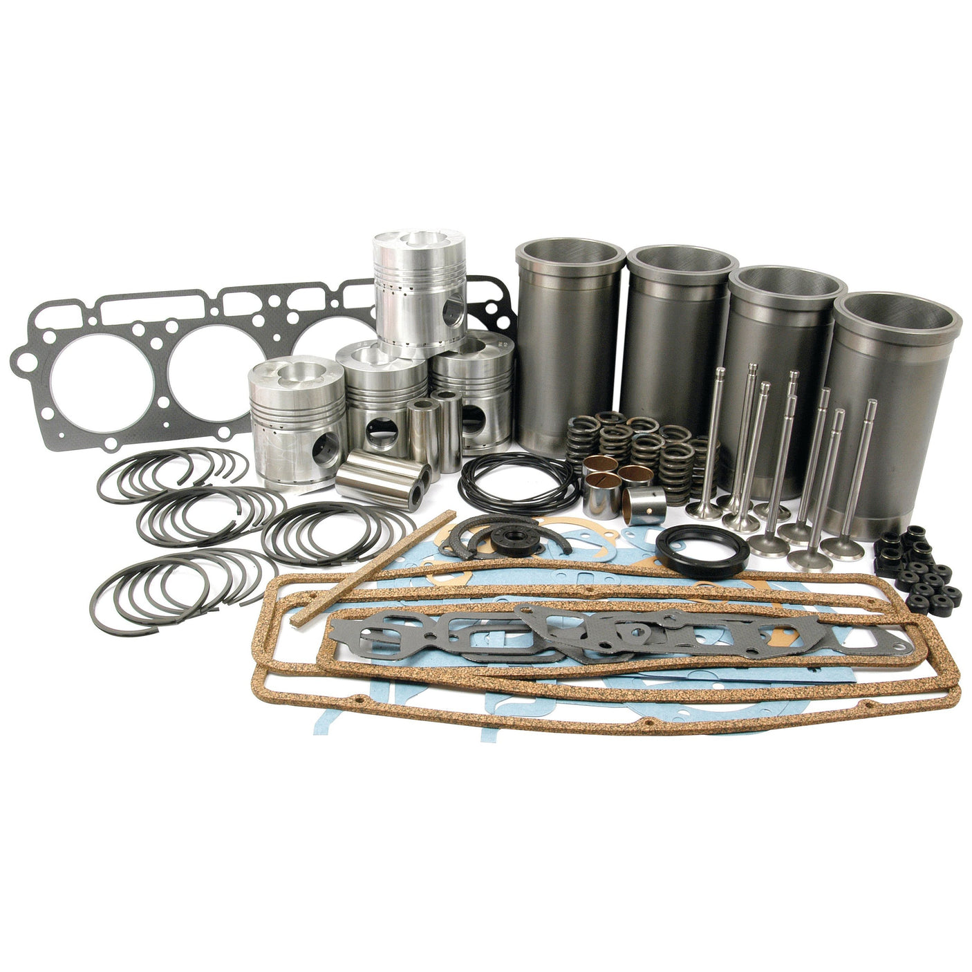 A comprehensive assembly of engine components, such as pistons, gaskets, cylinder sleeves, piston rings, valves, and seals from the Sparex Engine Overhaul Kit with Valve Train (Finished) - S.66711, arranged on a plain white background.