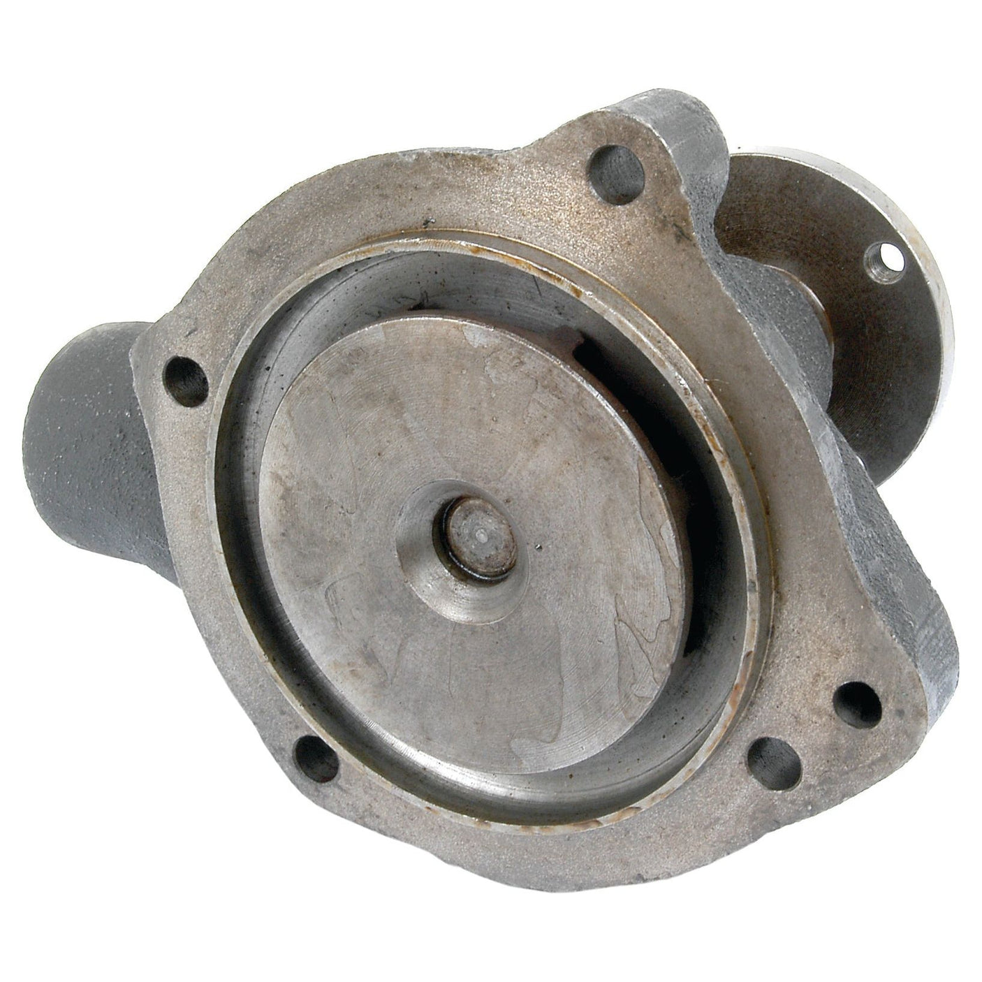 Close-up view of the Water Pump Assembly (Supplied with Pulley) - S.66718 by Sparex, featuring a metal mechanical component with a round central section and multiple bolt holes around the perimeter, resembling an impeller Ø 79.5mm with a 4 bolt hole flange.