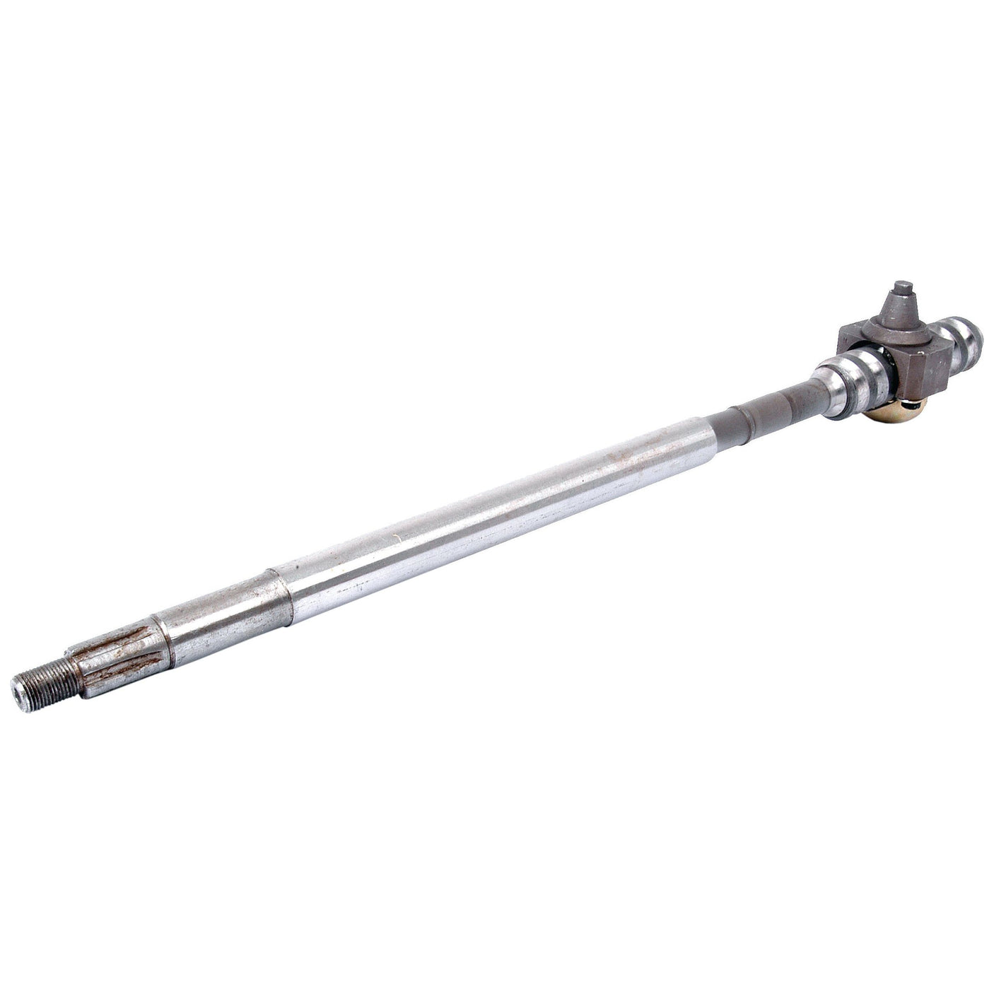 A long metal rod with a threaded end, a cylindrical shape, and a mechanical joint or attachment at one end, commonly used in machinery or automotive applications like the Steering Shaft (Sparex Part No. S.66720) from Sparex.