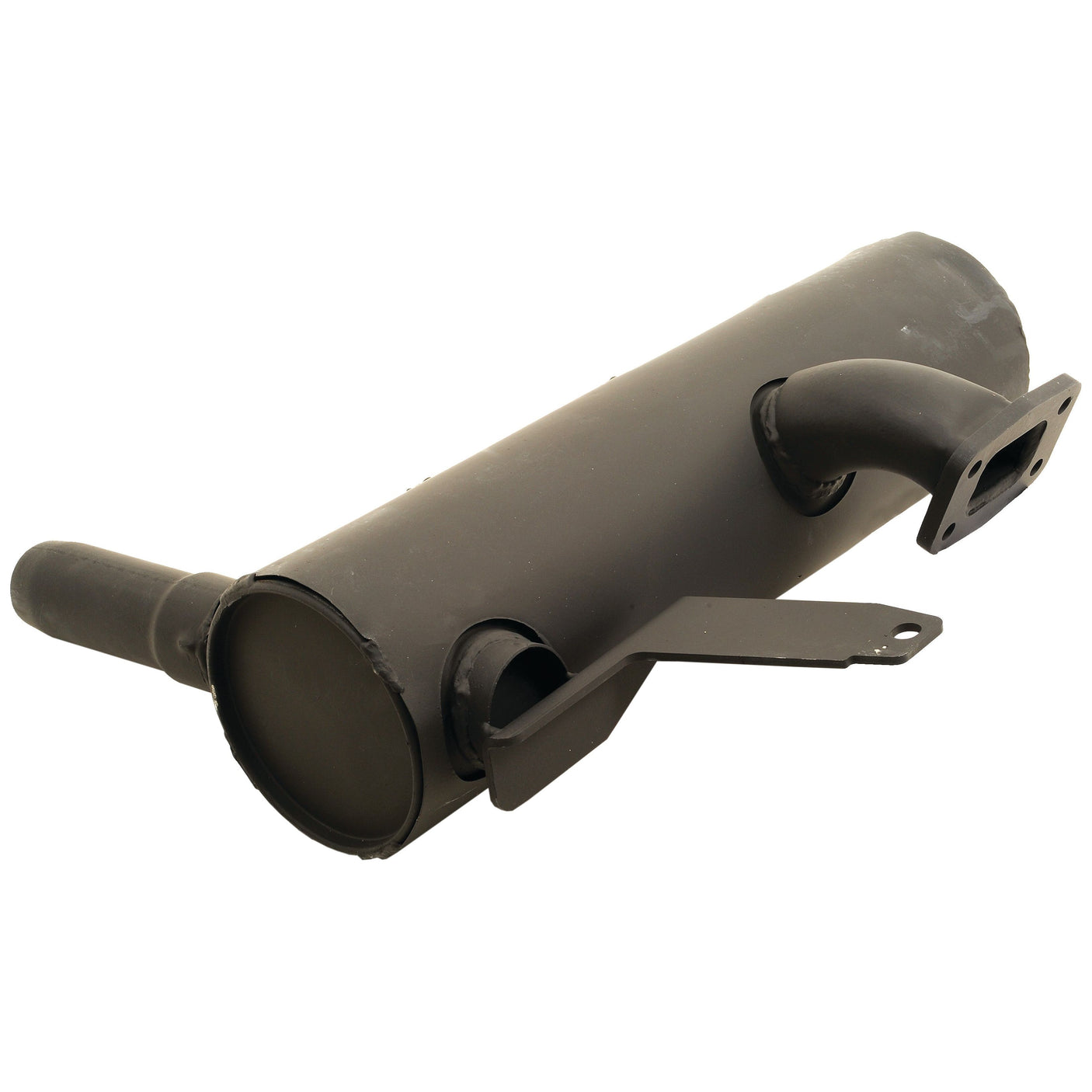 An image of the Sparex Silencer - Underhood - S.66728, a metal cylindrical muffler coated with heat-resistant paint, featuring two outlet pipes and a mounting bracket.