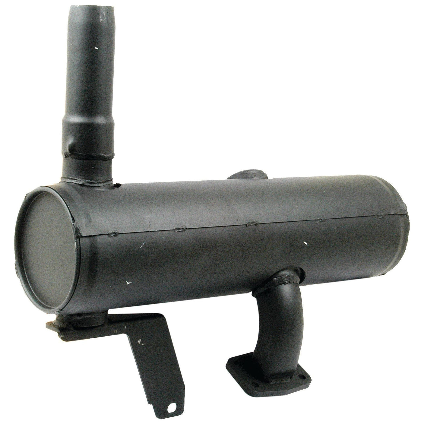 An image showing the Sparex Silencer - Underhood - S.66728, a black, cylindrical piece with welded joints and mounting brackets, coated in heat-resistant paint for optimal underhood performance.