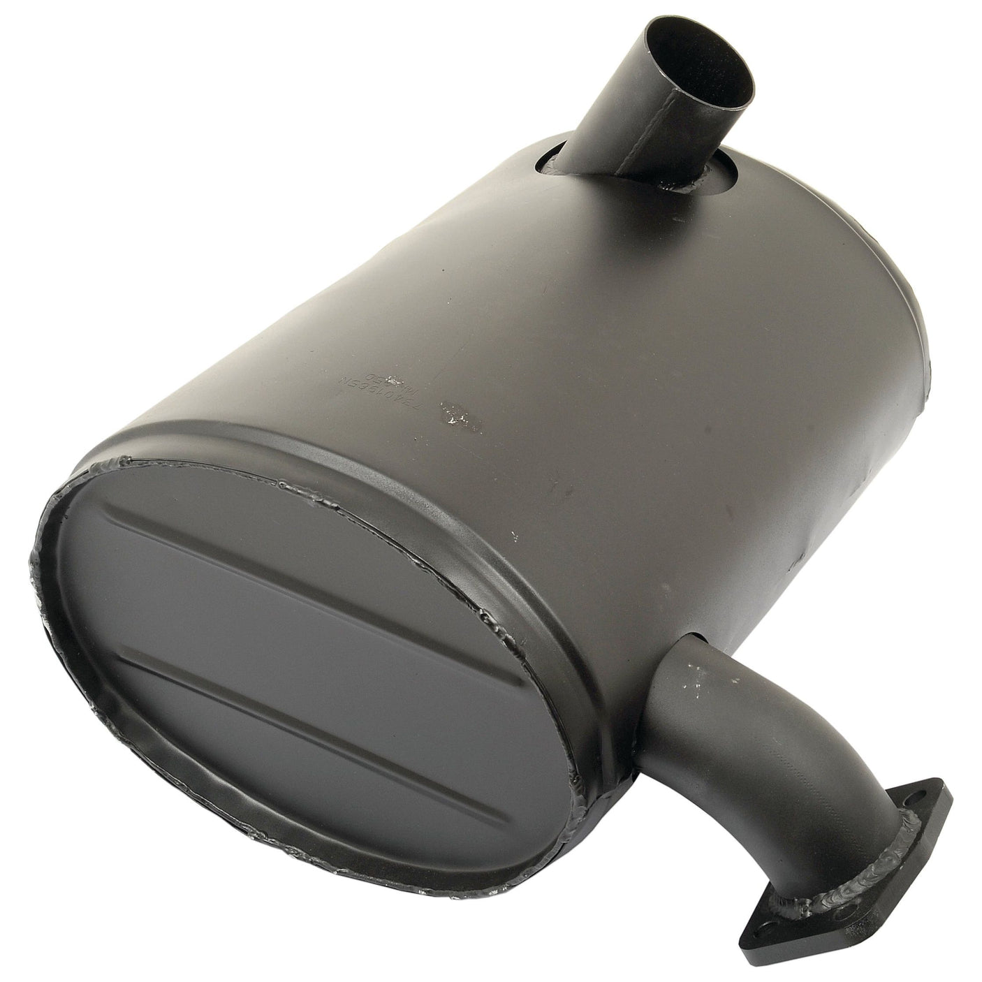 A Sparex Silencer - Underhood (S.66729) is a matte black cylindrical automotive muffler featuring one inlet pipe and one outlet pipe positioned at opposite ends, coated with Sparex heat-resistant paint for enhanced durability.