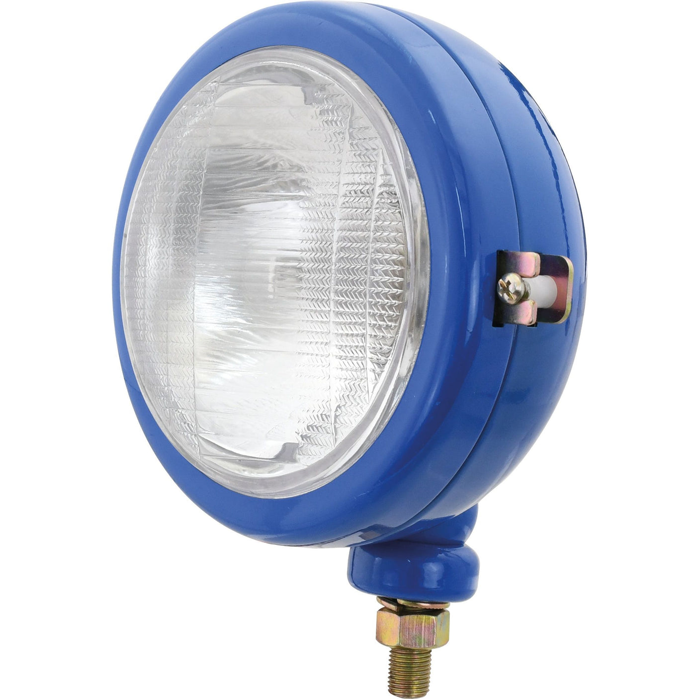 A round blue metal automotive headlight with a clear lens, featuring a durable 12V halogen light and a Sparex mounting bolt at the bottom, specifically the Head Light (Halogen), LH, Straight, 12V - S.66732 from Sparex.