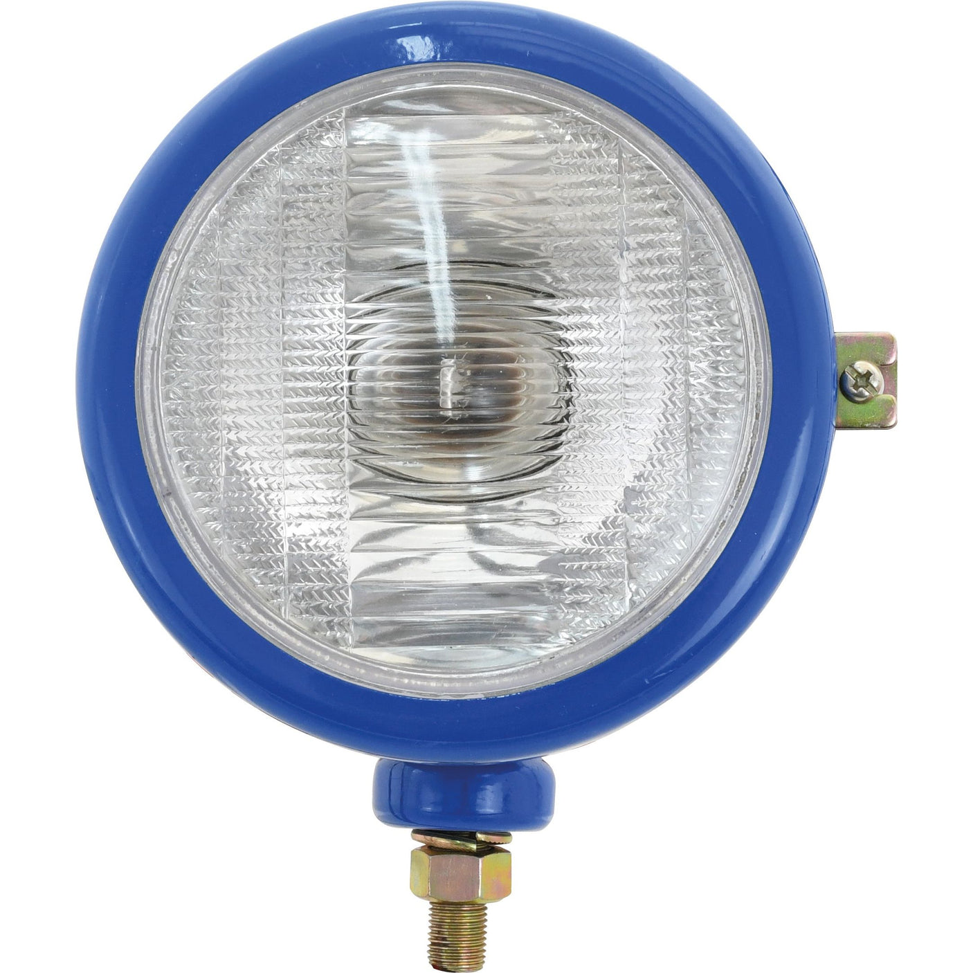 Close-up of a circular blue metal headlight with a clear glass cover and a central halogen light bulb, mounted on a threaded bolt. This 12V Sparex Head Light (Halogen), LH, Straight (S.66732) ensures durable performance.