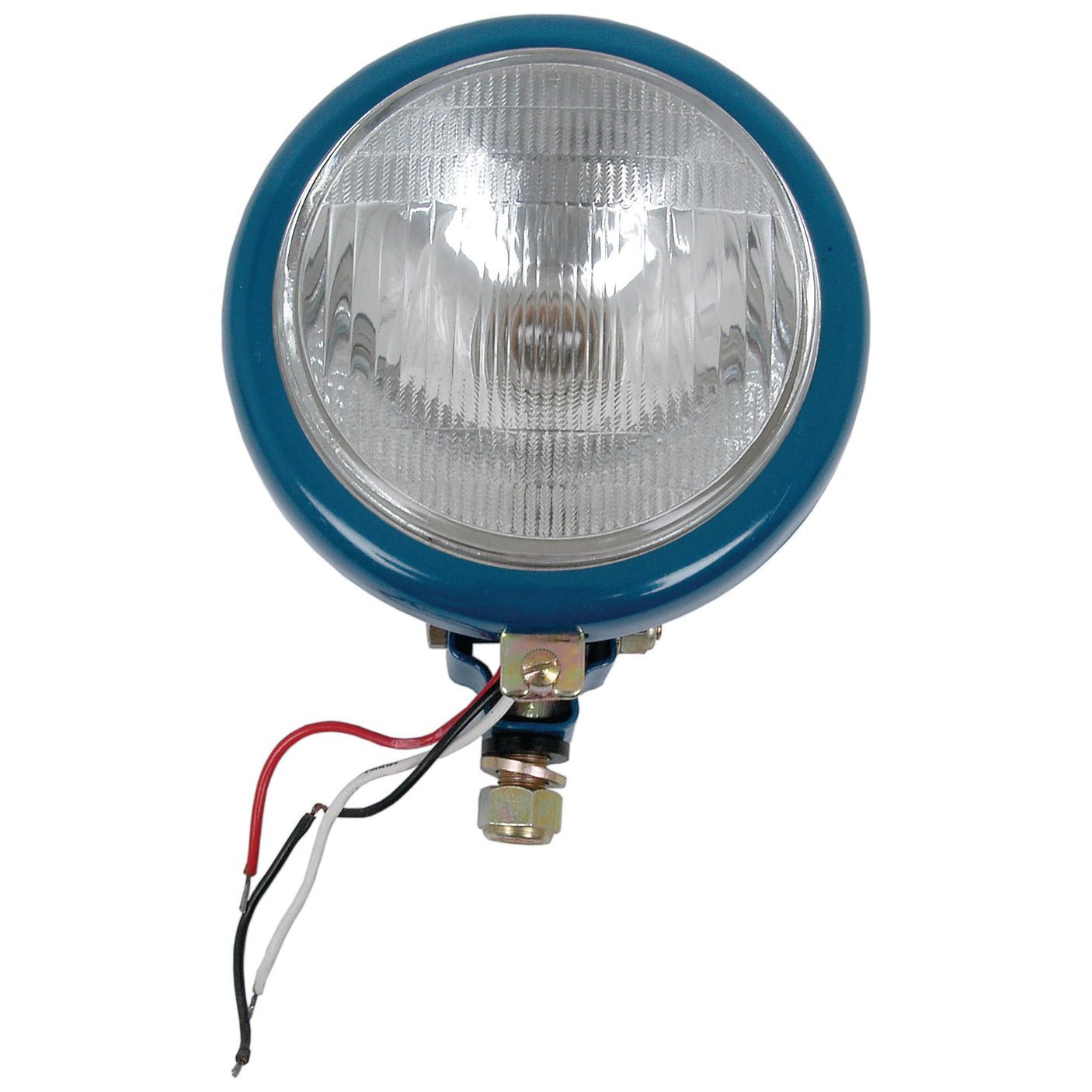 The Sparex Head Light (Halogen), RH & LH, Straight, 12V - S.66733 is a round blue automotive headlight with a clear lens and exposed wiring, encased in a metal housing.