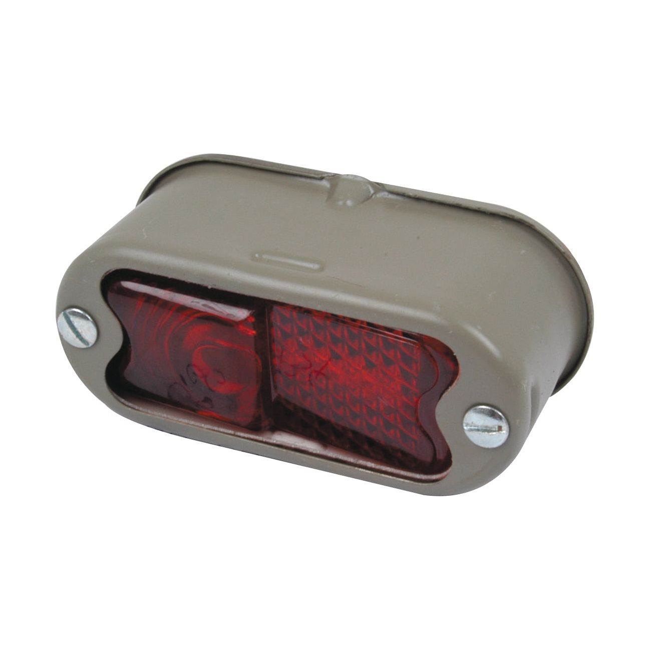 A Rear Combination Light (Halogen), featuring an oval-shaped, grey metal housing with a red reflective light, secured with two screws on each side, compatible with Sparex accessories. Function 2: Tail / Brake, LH, 12V - S.66734.