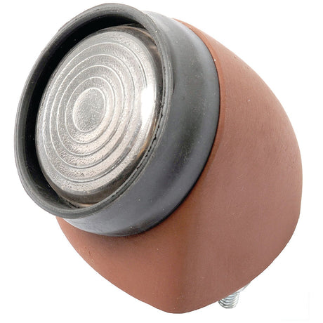 A close-up view of the Sparex Marker Light - Front Facing (Halogen), LH, 12V - S.66737, featuring a modern design with an industrial appeal, a brown base, and a round, grooved aluminum top.