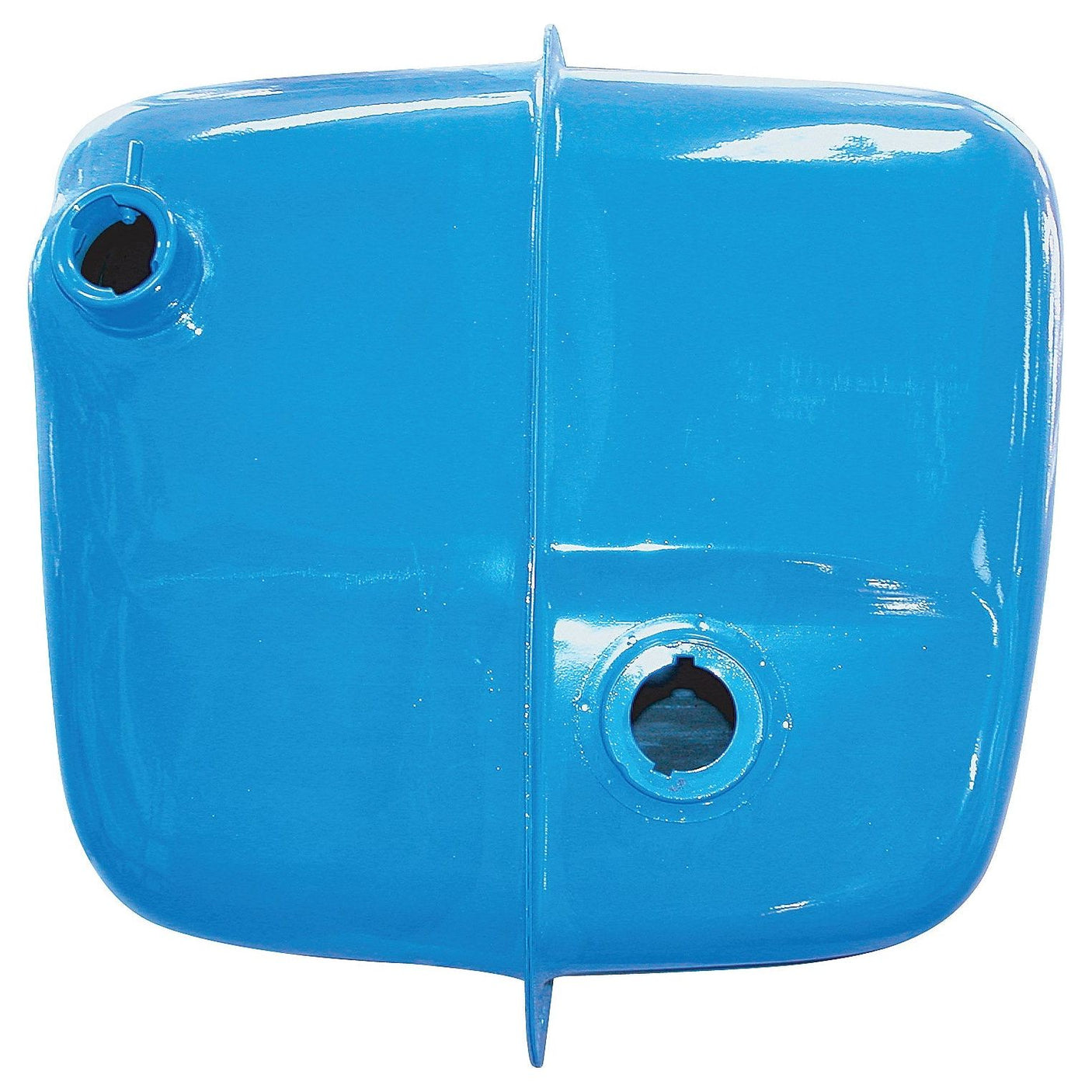 Square blue fuel tank with two circular openings, one on the top left corner and the other near the bottom edge, shown against a white background. This Fuel Tank (Sparex Part No.S.66739) is compatible with Ford New Holland models and available through Sparex.