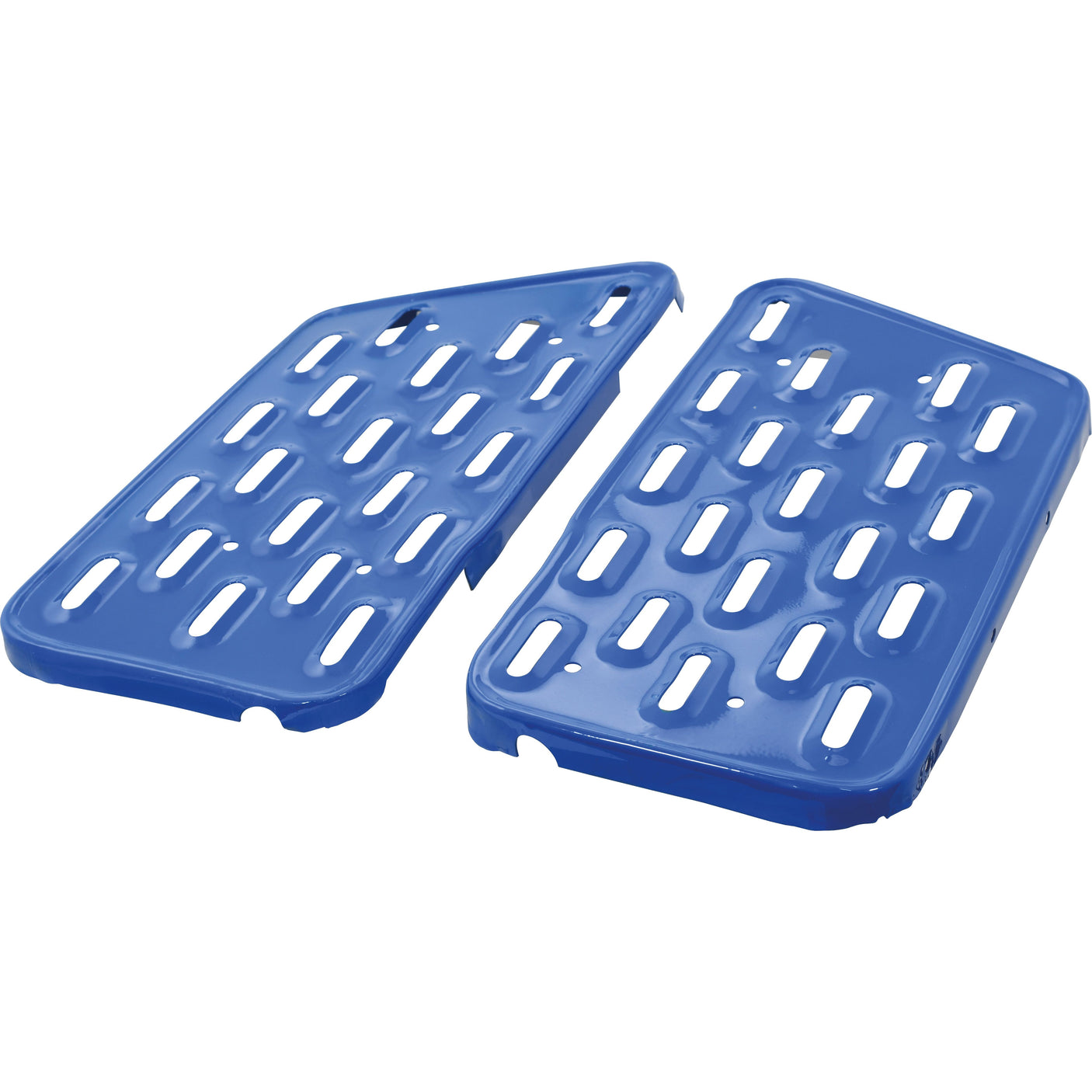 Two blue plastic trays with slotted holes, designed for drainage or ventilation, are shown side by side—perfect for complementing your Sparex Footplate Set - RH & LH | Sparex Part No. S.66747.