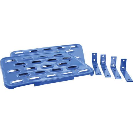 A Footplate Set - RH & LH (Sparex Part No.S.66747) from the brand Sparex, featuring a blue metal vent cover with multiple slots that resembles a part from a Ford New Holland DEXTA, and includes four L-shaped mounting brackets with holes for screws.