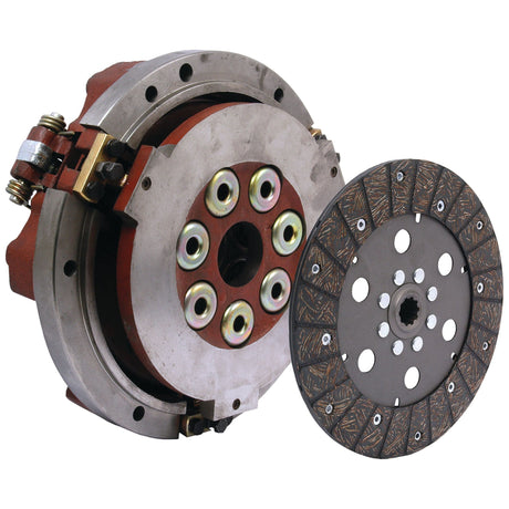 A close-up of a Clutch Cover Assembly - S.66750 from Sparex, featuring a 255mm clutch disc and dual cover pressure plate. The parts exhibit a metallic finish with detailed mechanical components, ideal for any Sparex-compatible system.