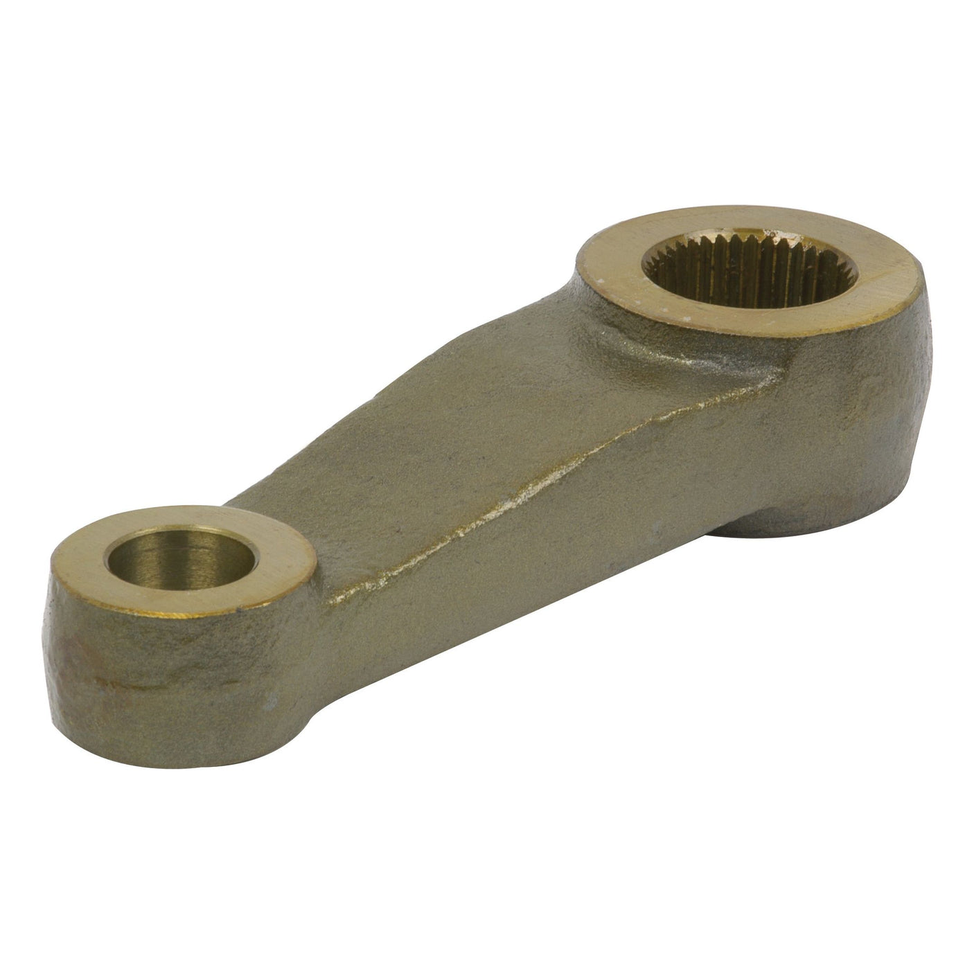 The Sparex Steering Arm (2WD) RH, Sparex Part No. S.66754, is a metallic, L-shaped mechanical component with a gear-like opening on one end and a circular opening on the other, often used in Ford/New Holland machinery.