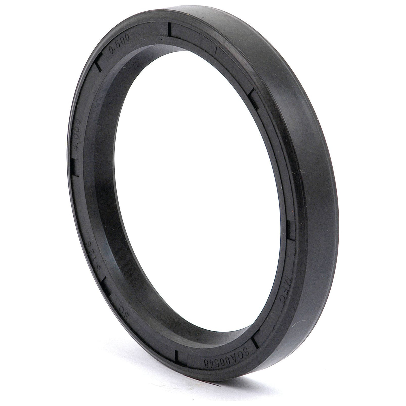 A Sparex Imperial Rotary Shaft Seal, measuring 3 1/8'' x 4'' x 1/2'', featuring engraved text and numbers on its black rubber surface, designed specifically for Ford New Holland machinery, part number S.66790.