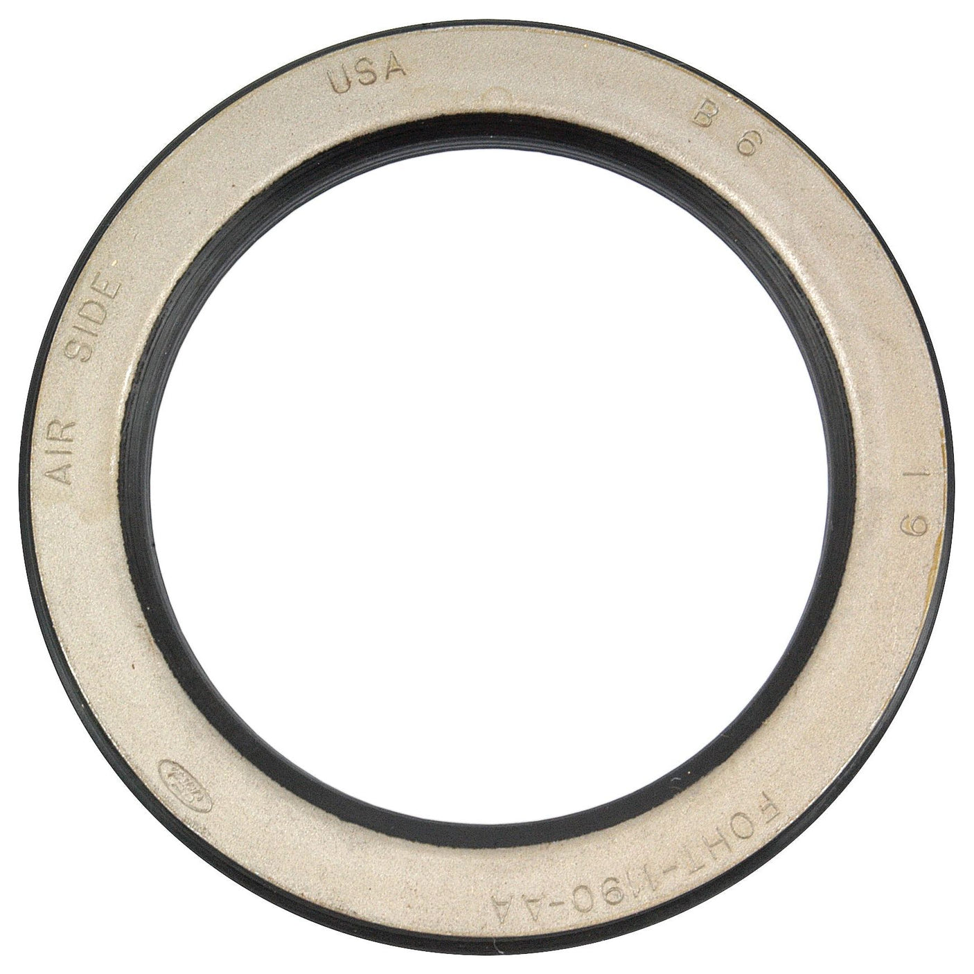 Close-up of a circular metal and rubber oil seal with text "USA B6," "AIR SIDE," "19 6," and "FOHT-1090-A4" engraved on the surface, suitable for Sparex or Ford / New Holland applications. This is the Oil Seal, 88.75 x 123.29 x 23.65mm by Sparex, Part No.S.66791.