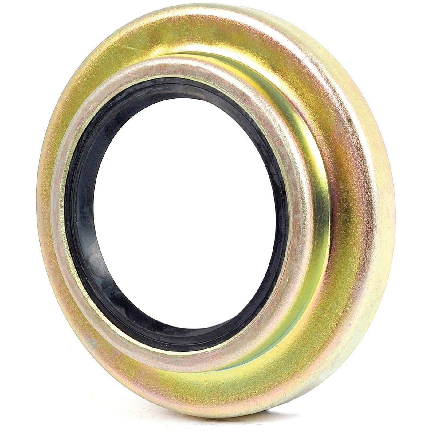 The Seal & Retainer Assembly (Sparex Part No. S.66792) by Sparex is a metal bearing with a circular shape, featuring a smooth, golden exterior and a central black ring, designed to fit seamlessly within Ford/New Holland seal housing applications.