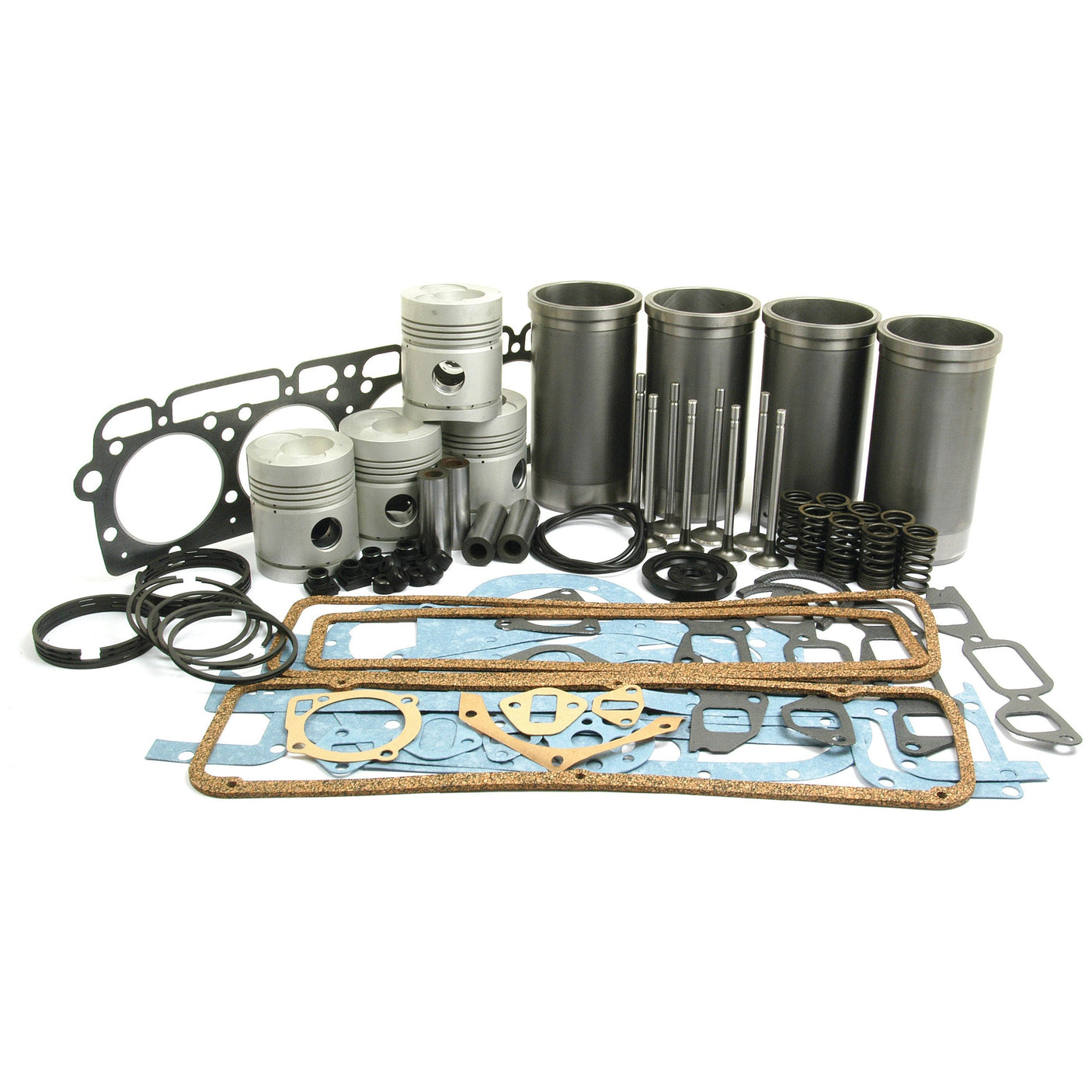 The Engine Overhaul Kit with Valve Train (Finished) - S.66816 by Sparex is a comprehensive collection of various engine parts, including pistons, cylinders, gaskets, and seals, all perfectly arranged on a white background. Ideal for Ford vehicles, this kit ensures every component needed for a thorough rebuild is at your fingertips.