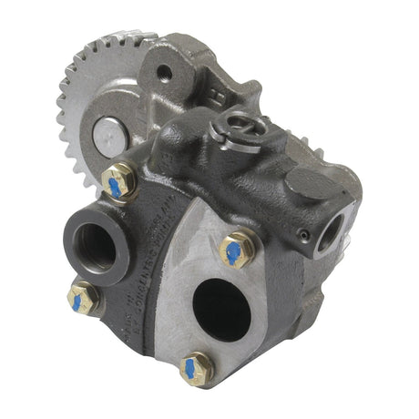 Close-up image of an Engine Oil Pump (Sparex Part No.S.66821) featuring several metal gears, bolts, and fittings. The object has a metallic gray appearance with some blue accents on bolts, reminiscent of high-quality New Holland Tractor Parts.