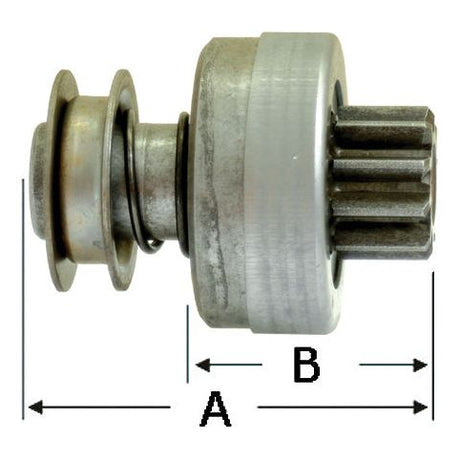 Image of a mechanical part with two pulley-like components and gears on one end, labeled with dimensions "A" and "B." This Sparex Starter Drive Assembly (S.66824), resembling an M127 starter, includes a detailed specification such as the number of teeth.