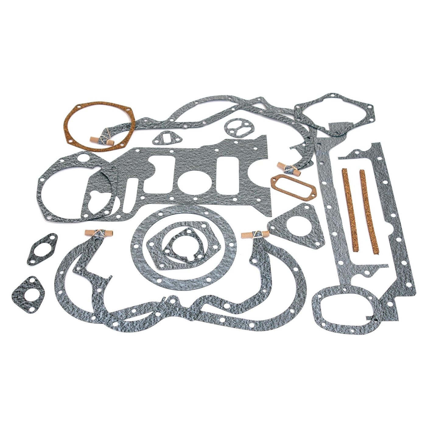 A Bottom Gasket Set - 3 Cyl. for Ford New Holland vehicles from Sparex (Part No. S.66827), showcasing variously shaped automotive gaskets arranged on a white surface.