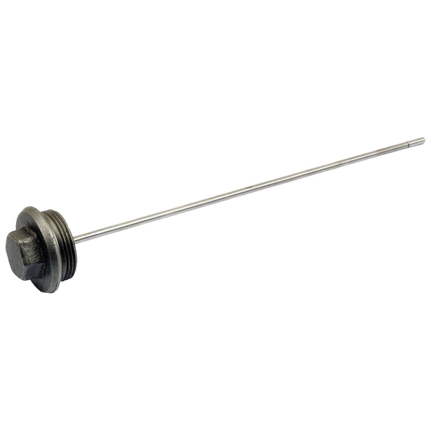 A long, thin metal rod with a black threaded hexagonal head at one end, commonly used in engineering or mechanical applications such as a Ford/New Holland transmission dipstick, is available as the Sparex Dipstick (Part No. S.66829).