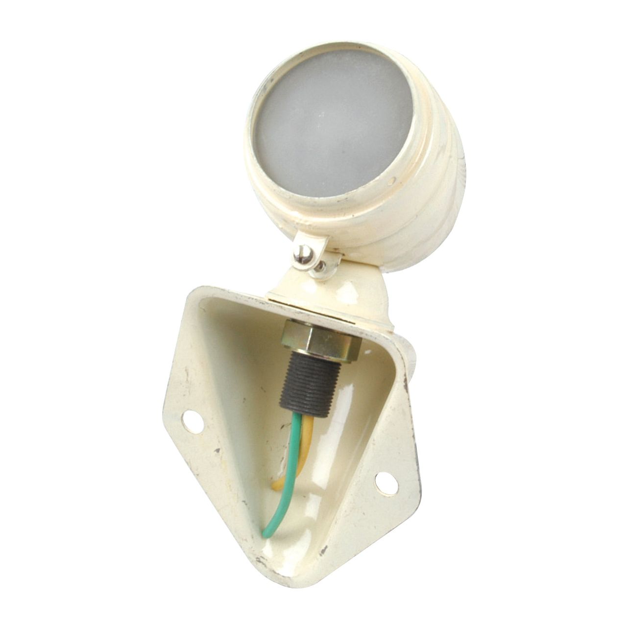 The Marker Light - Front Facing (Halogen), RH & LH, 12V - S.66844 by Sparex features a white halogen floodlight with a rounded housing, mounted on a triangular bracket with screw holes, and green and yellow wires connected at the base.