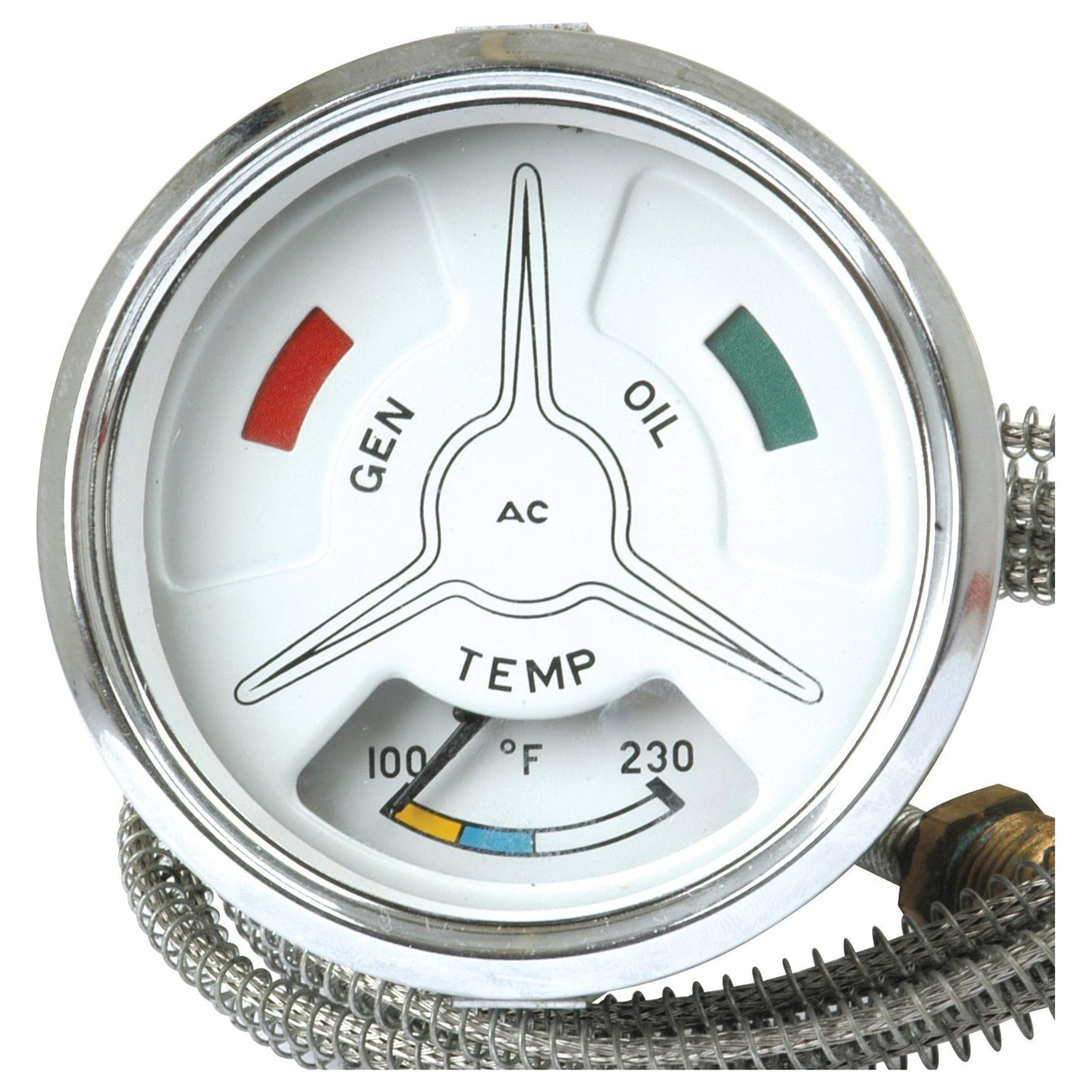 The Sparex Water Temperature Gauge (Sparex Part No. S.66847) for Ford / New Holland models is a round automotive gauge that displays "GEN" in red, "OIL" in green, and an illuminated "TEMP" range color-coded from blue to red. It measures temperatures from 100°F to 230°F and connects via a coiled wire.