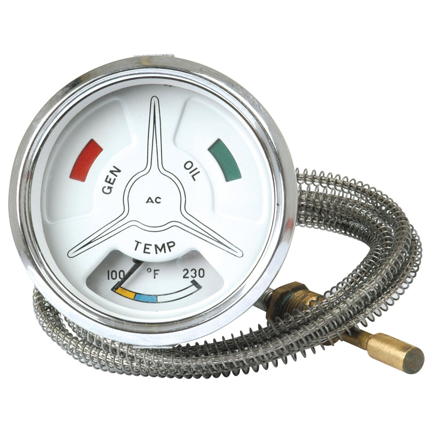 The Sparex Water Temperature Gauge, Sparex Part No. S.66847, features a round design with temperature, oil, and generator indicators connected to a coiled sensor wire and probe. This unit is compatible with Ford / New Holland models and includes an illuminated display for easy reading in low light conditions.