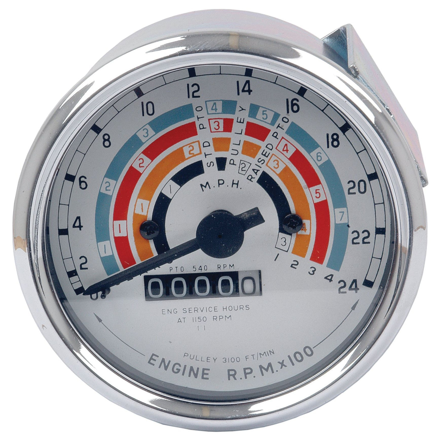 The Sparex Tachometer (MPH) | Sparex Part No.S.66848 is a round analog gauge designed for Ford / New Holland vehicles, displaying speed in MPH, engine RPM x100, pulley RPM, and engine service hours. The needle points at zero. This Sparex gauge features a combination of numbers and colors that ensures precise readings for monitoring your vehicle's performance.