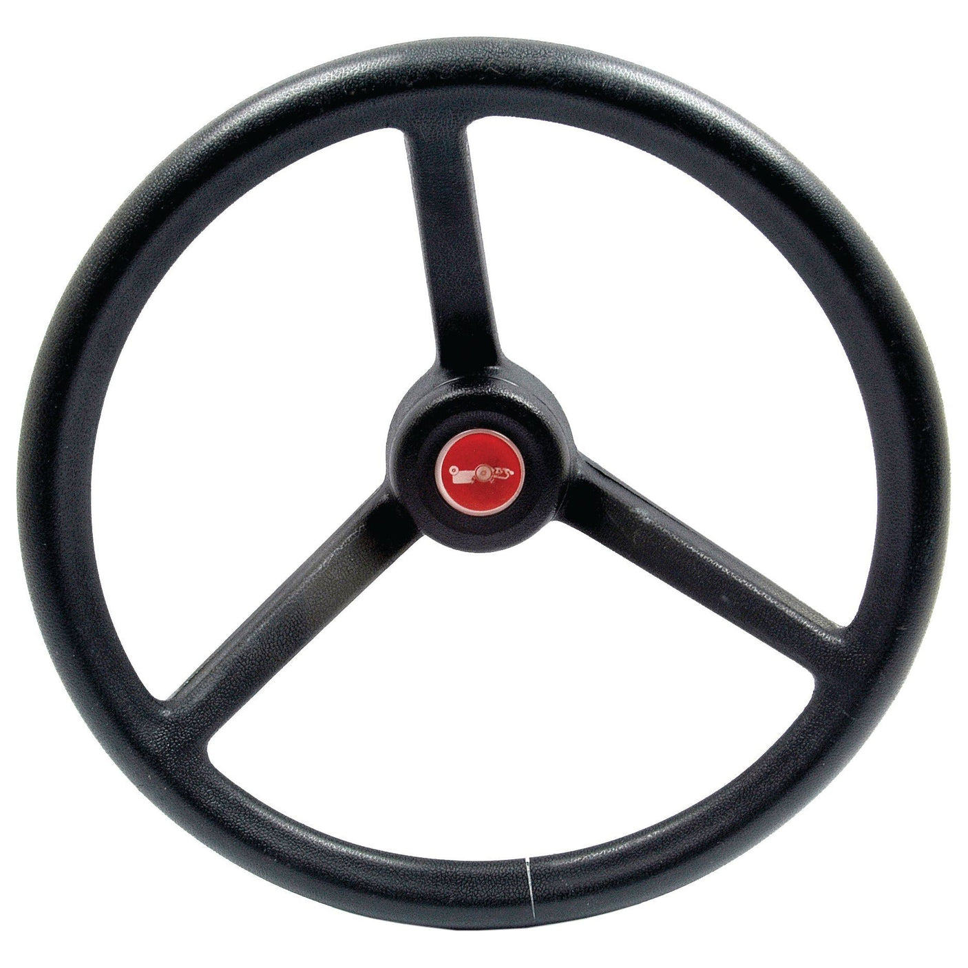 A Sparex Steering Wheel 355mm (Sparex Part No. S.66853) featuring a three-spoke black design and a red center cap with a circular logo, reminiscent of Massey Ferguson's signature style.