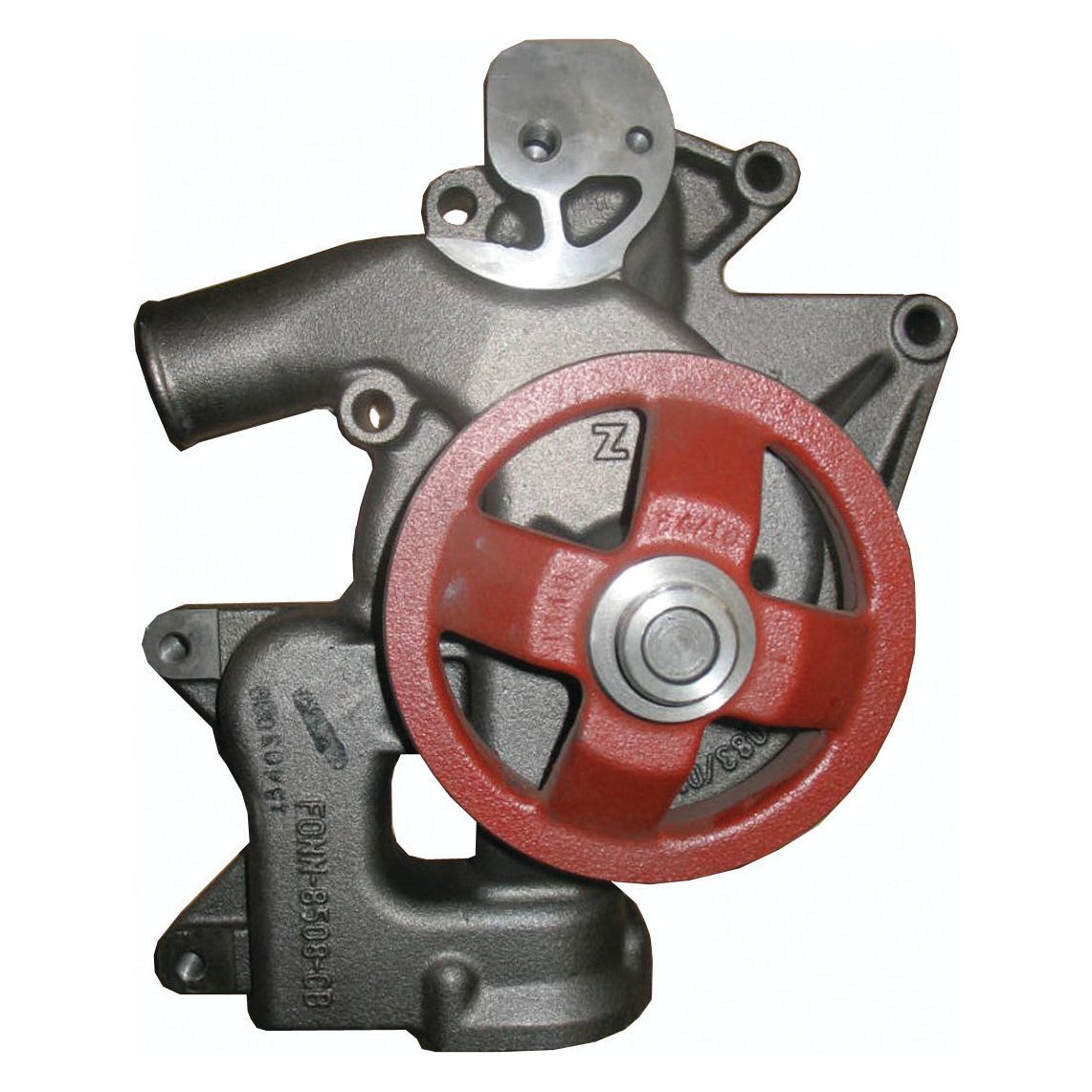 The Water Pump Assembly (S.66856) by Sparex features a red, circular handle attached to a grey, industrial body, making it ideal for machines or engines. This unit includes a Poly-Vee Pulley designed for efficient performance and is compatible with models both with and without air conditioning.