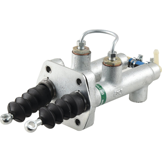 The Brake Master Cylinder | Sparex Part No.S.66864 by Sparex is a dual-chamber hydraulic brake master cylinder featuring two piston rods, rubber dust boots, and metal fittings, making it ideal for automotive brake systems. This Mineral Oil Compatible component typically includes a Seal/Repair Kit for maintenance and longevity.