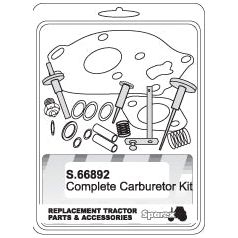 Illustration of parts included in a complete carburetor repair kit for replacement tractor parts and accessories. Part number S.66893 is visible on the packaging, suitable for Massey Ferguson and Ford / New Holland models. The product is marketed under the Sparex brand as the Carburettor Repair Kit.