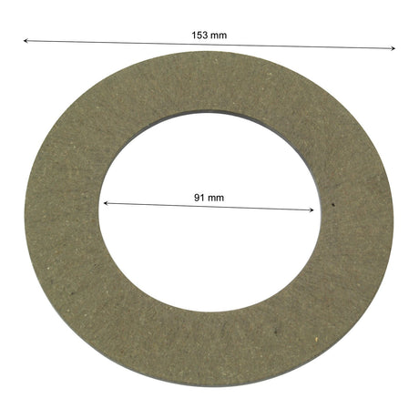 The PTO Friction Disc Only, Sparex Part No. S.6689, from Sparex is a round, flat washer with an outer diameter of 153 mm and an inner diameter of 91 mm. The disc is grayish-green in color and has a coarse texture.