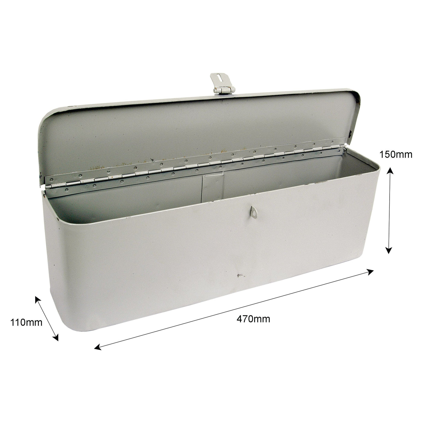 The Sparex Tool Box (Part No. S.66901) is displayed in an open position, featuring a rectangular shape with a hinged lid and latch, and measuring 470mm in length, 150mm in height, and 110mm in depth.