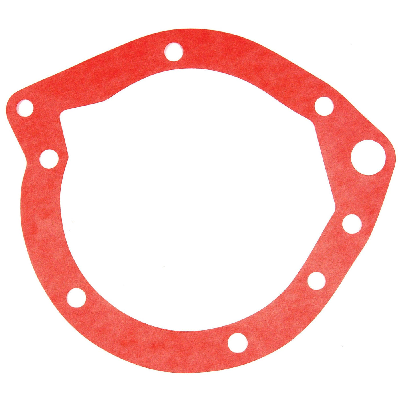 A flat, red gasket made from Cellulosic Fibre Board featuring several round holes of varying sizes spaced along its irregular perimeter, suitable for Ford engine applications. Product Name: Hydraulic Pump Gasket | Sparex Part No.S.66910 from the brand Sparex.