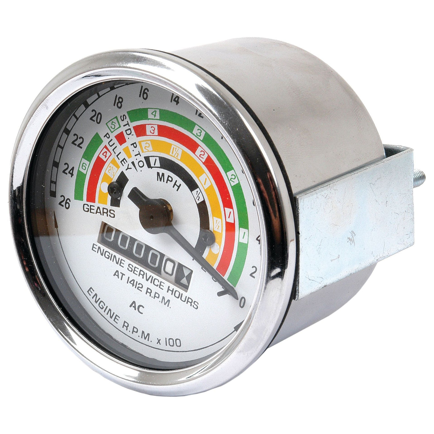 The Sparex Tractormeter (MPH) | Sparex Part No. S.66929 is a mechanical gauge designed for Ford/New Holland engines that displays engine service hours, RPM, and gear information. Featuring a color-coded RPM range from 0 to 4,200 and a metal bracket for mounting, it fits an Ø80mm setup for seamless installation.