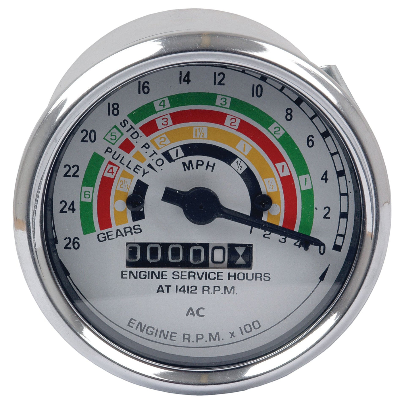 The Sparex Tractormeter (MPH), Part No. S.66929, is a round vehicle speedometer with a diameter of 80mm that indicates 0 MPH with color-coded bands and numbers for gears and pulley, along with a display reading '00000'. The text reads 'Engine Service Hours at 1412 RPM'. It has a fitting diameter of 74mm and is suitable for Ford / New Holland models.