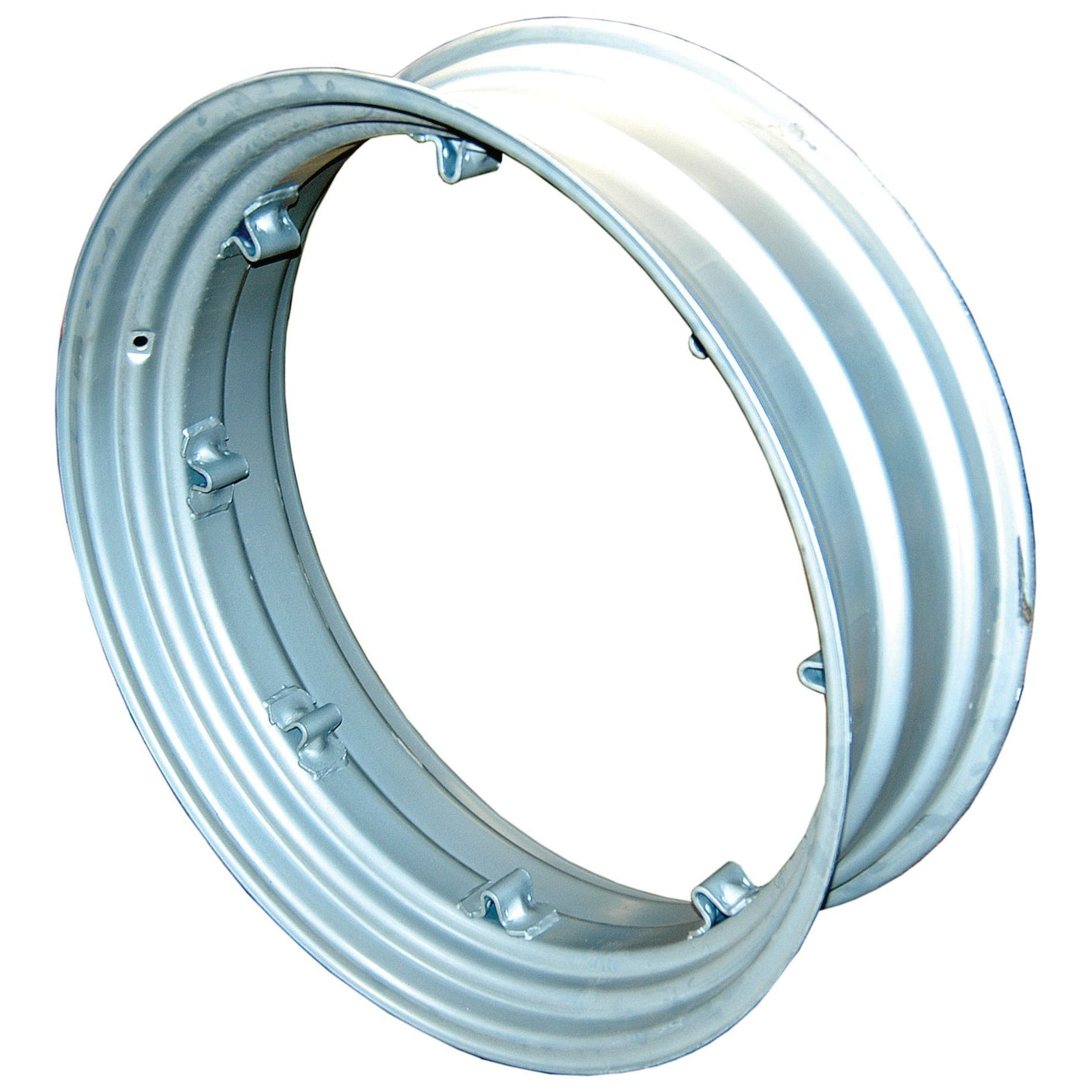 The Sparex Wheel Rim, with a 12 x 38'' size and identified by the product code S.66933, is a metal rim that features a silver finish, multiple notches, and ridges around its circumference, designed to accommodate various tyre sizes.