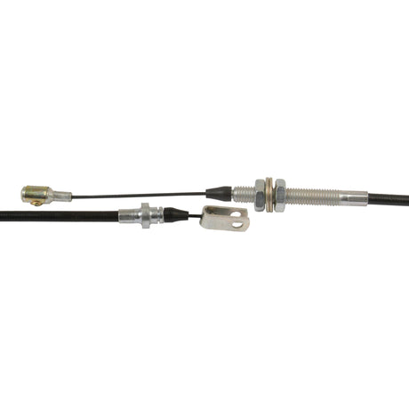 Introducing the Sparex Foot Throttle Cable (Sparex Part No. S.66945) – a 990mm long automotive control cable with an outer cable length of 843mm, equipped with metal brackets and connectors at both ends. Ideal for use as a foot throttle cable on Ford New Holland models.