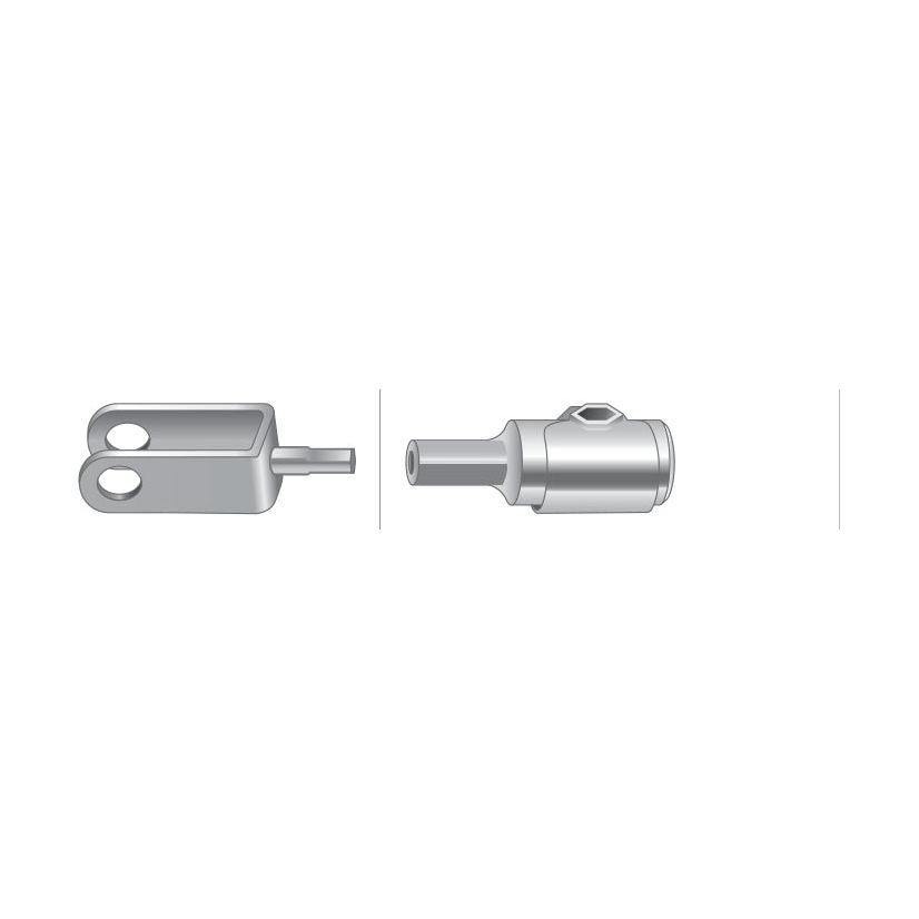 Illustration of two mechanical components, one featuring a double eyelet design and the other resembling a cylindrical connector with a locking mechanism, similar to those used in Ford New Holland machinery. Both components are shown in a side view. These components are akin to the Foot Throttle Cable by Sparex (Part No. S.66945), which has an overall length of 990mm and an outer cable length of 843mm.