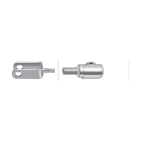 Illustration of two mechanical components, one featuring a double eyelet design and the other resembling a cylindrical connector with a locking mechanism, similar to those used in Ford New Holland machinery. Both components are shown in a side view. These components are akin to the Foot Throttle Cable by Sparex (Part No. S.66945), which has an overall length of 990mm and an outer cable length of 843mm.