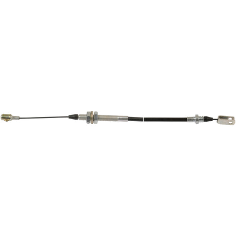 The Sparex Foot Throttle Cable (Part No. S.66945) is a mechanical cable with metal fittings and threaded adjusters on either end, measuring 990mm in total length and 843mm for the outer cable, typically used for automotive or machinery applications like a foot throttle cable for Ford New Holland tractors.