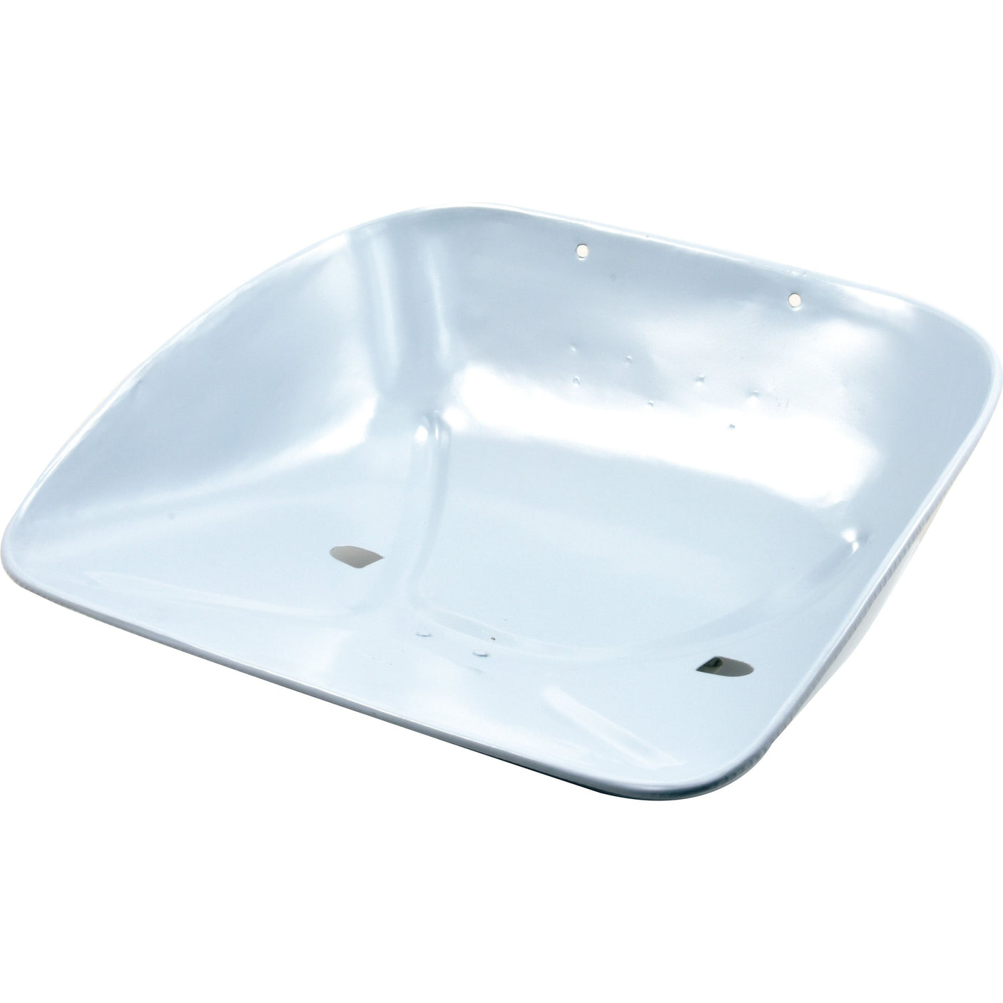 A white metal wheelbarrow tray with two bolt holes near the top edge, resembling the sturdy design of the Sparex Seat Assembly (Sparex Part No. S.66955).