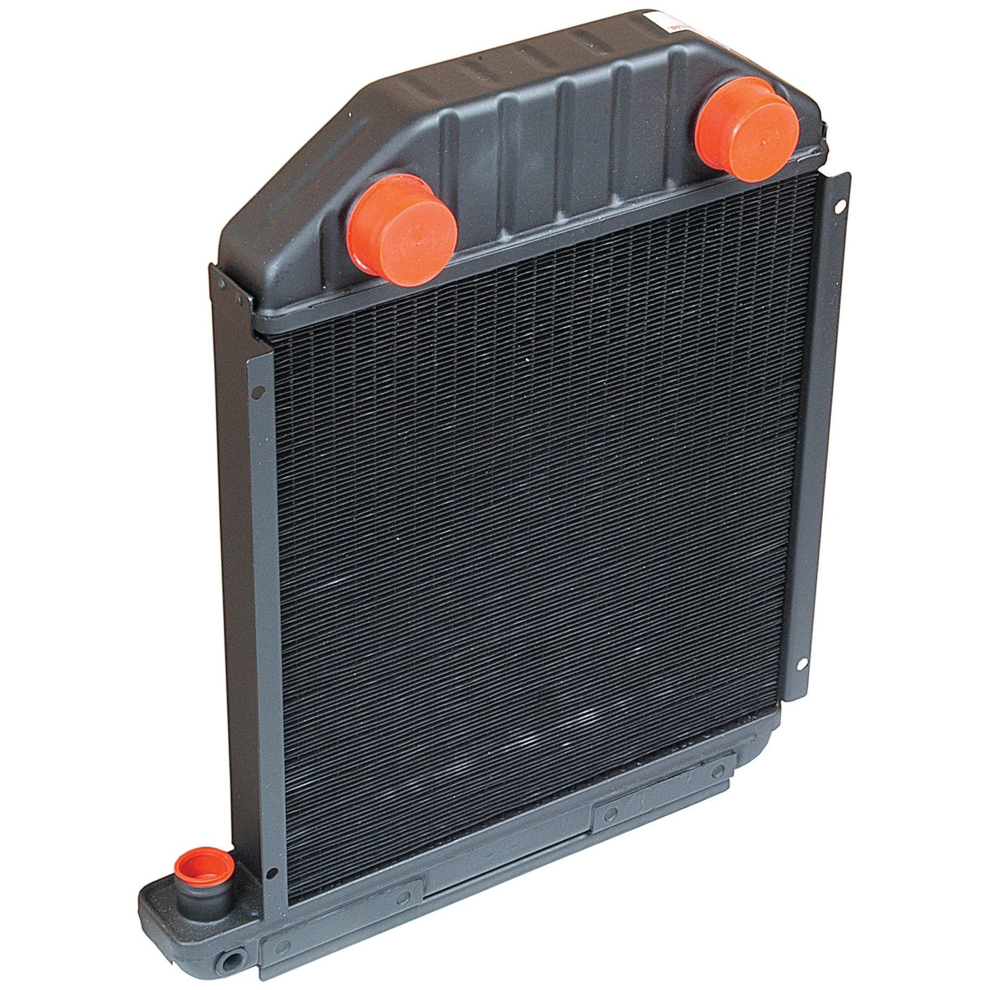 Image of a Sparex Radiator Cap - S.66956, featuring black construction with red cap covers on the ports. This automotive radiator, positioned upright, includes a metal grid for efficient cooling and has a core height designed for optimal heat dissipation.