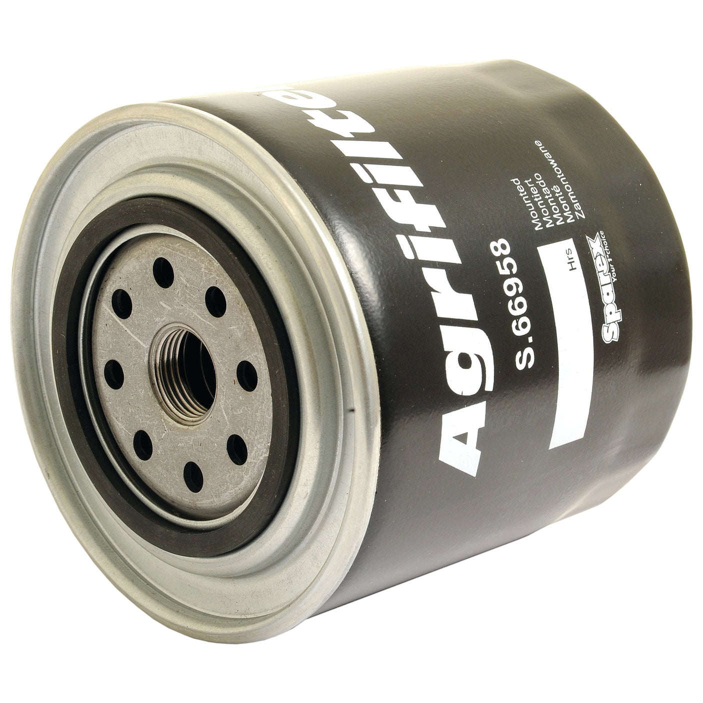 A black, cylindrical spin-on oil filter branded as Sparex, featuring the text "Sparex Part No.S.66958" on the side, is suitable for Ford New Holland models.