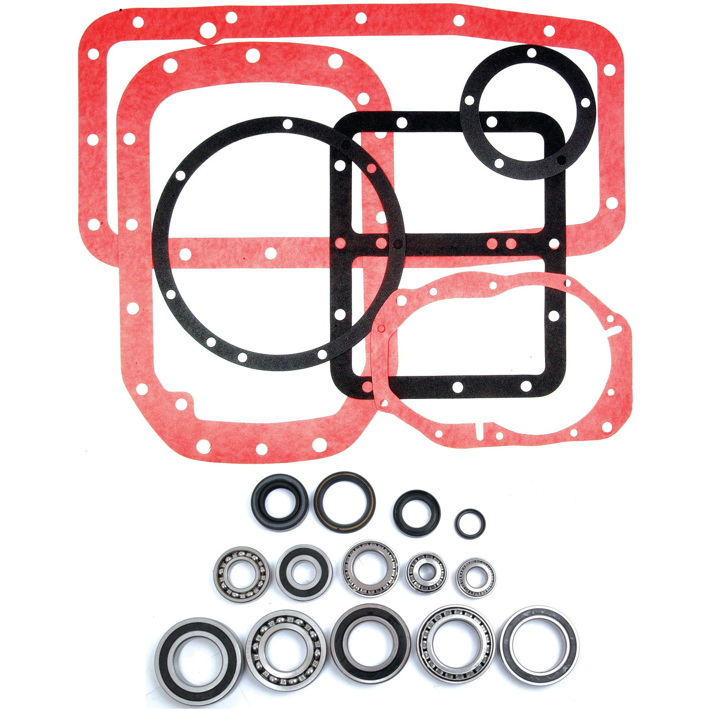 Several red and black gaskets, ball bearings of multiple sizes, and various seals are arranged on a white background, represented as part of the Transmission Repair Kit by Sparex (Sparex Part No.S.66962).