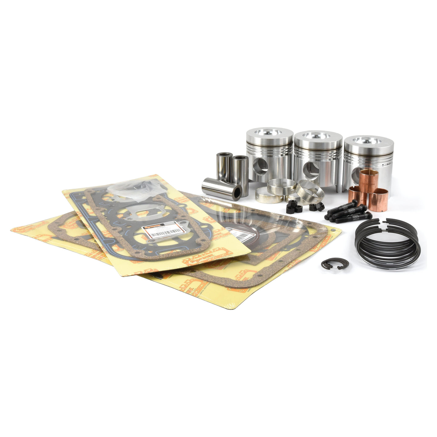 A collection of automotive engine components, including pistons, gaskets, and assorted parts from the Sparex Engine Overhaul Kit without Valve Train - S.66974 for a Ford BSD333 Engine, arranged on a white background.